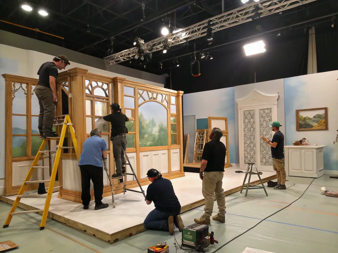 A behind-the-scenes shot of volunteers working together to build a set for an upcoming LE PILLI-COLLECTIF performance, highlighting the collaborative spirit of the organization.
