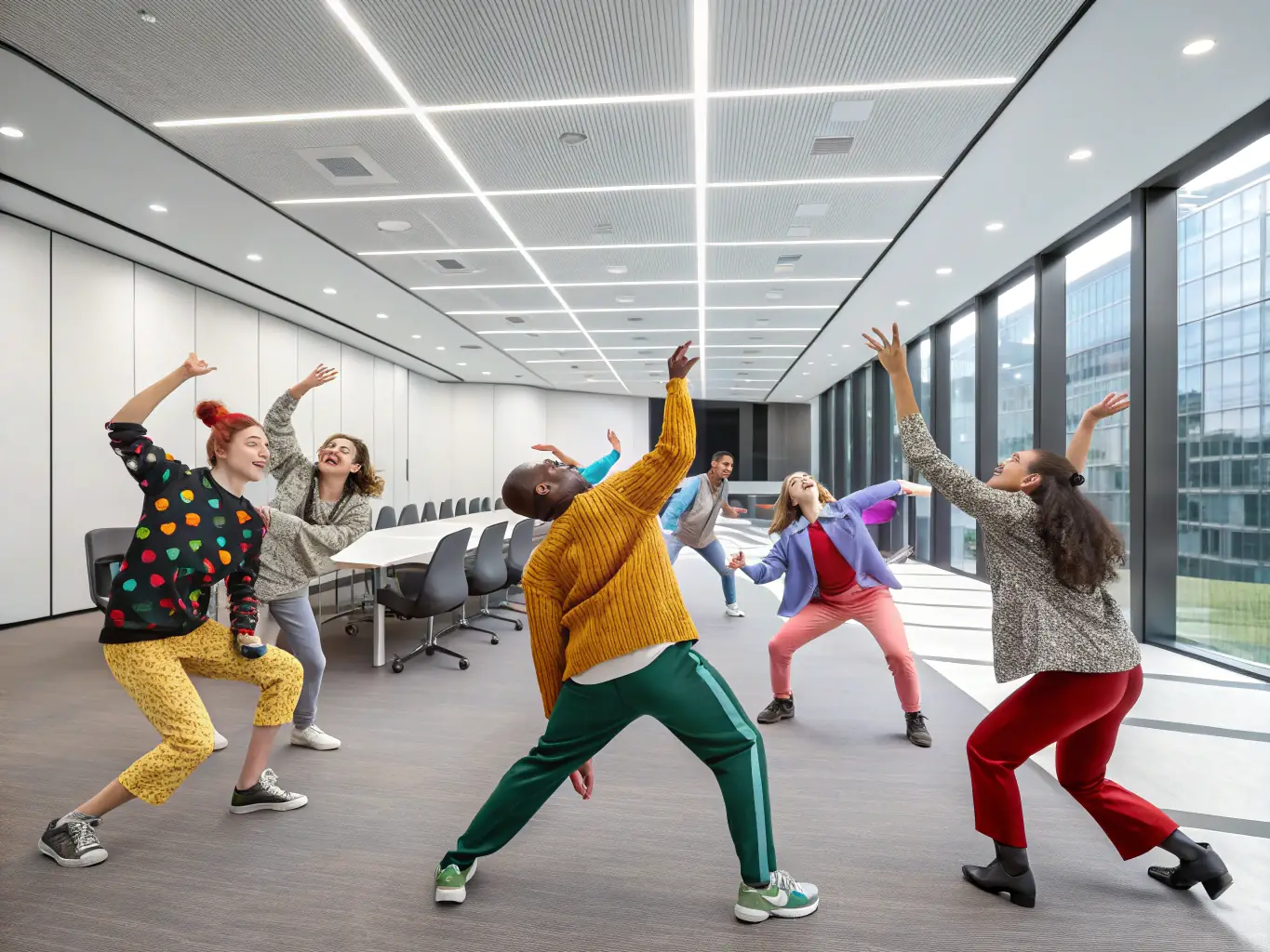 A vibrant photograph capturing a diverse group of participants engaged in a collaborative theater workshop, showcasing the energy and inclusivity of LE PILLI-COLLECTIF.