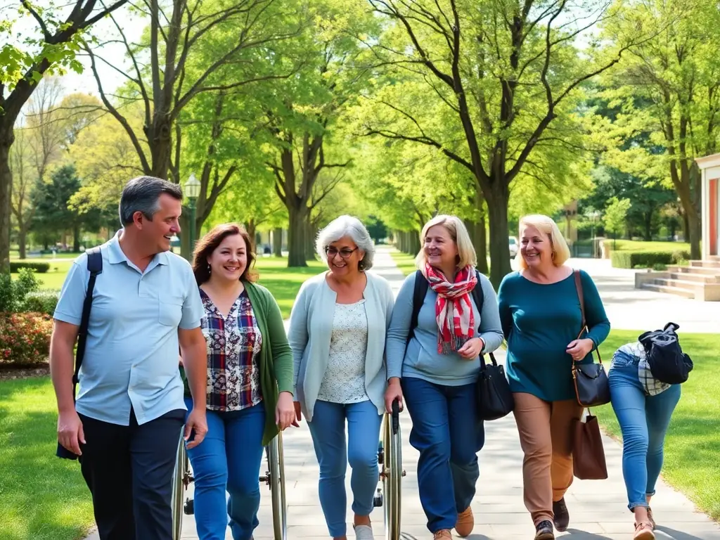 A scene depicting a group of people with disabilities participating in a community outing, such as a visit to a local park or museum, emphasizing social interaction and community integration.