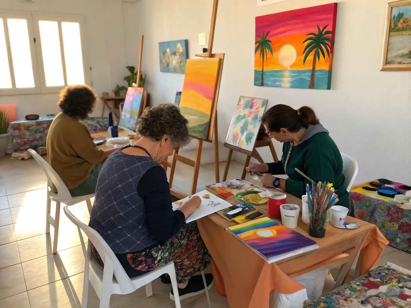 A photograph of participants engaging in a creative arts session, painting and crafting, illustrating the therapeutic and expressive benefits of the activity.