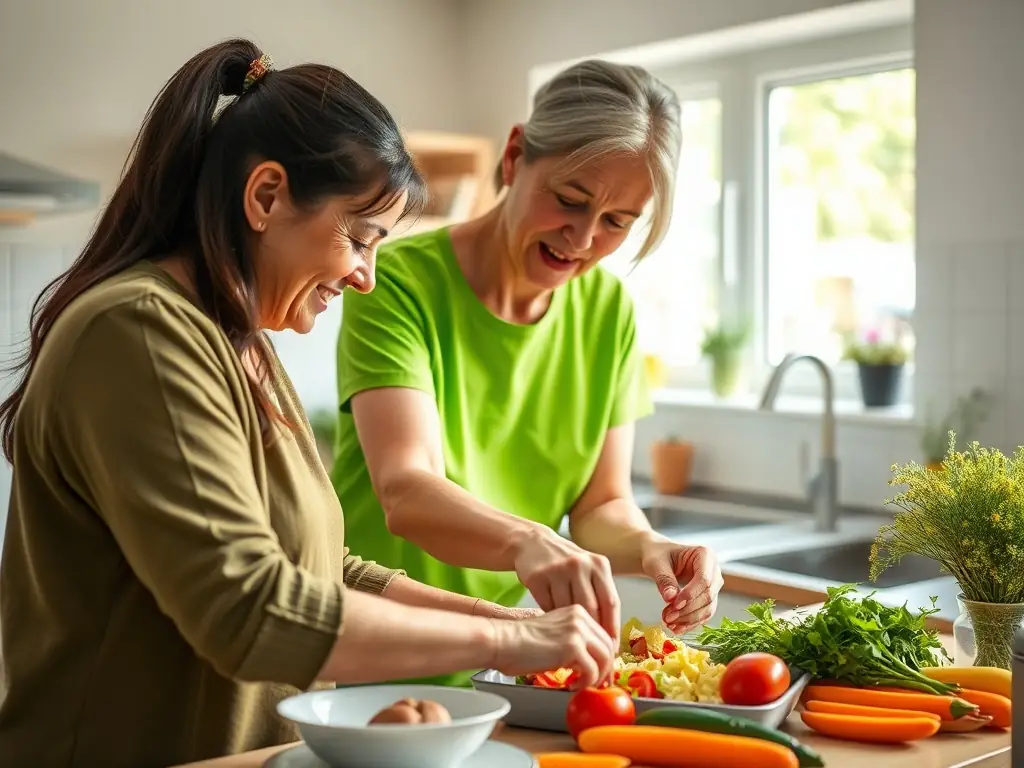 A group of individuals with disabilities participating in a cooking class, guided by an instructor, showcasing a program designed to enhance life skills and promote independence.