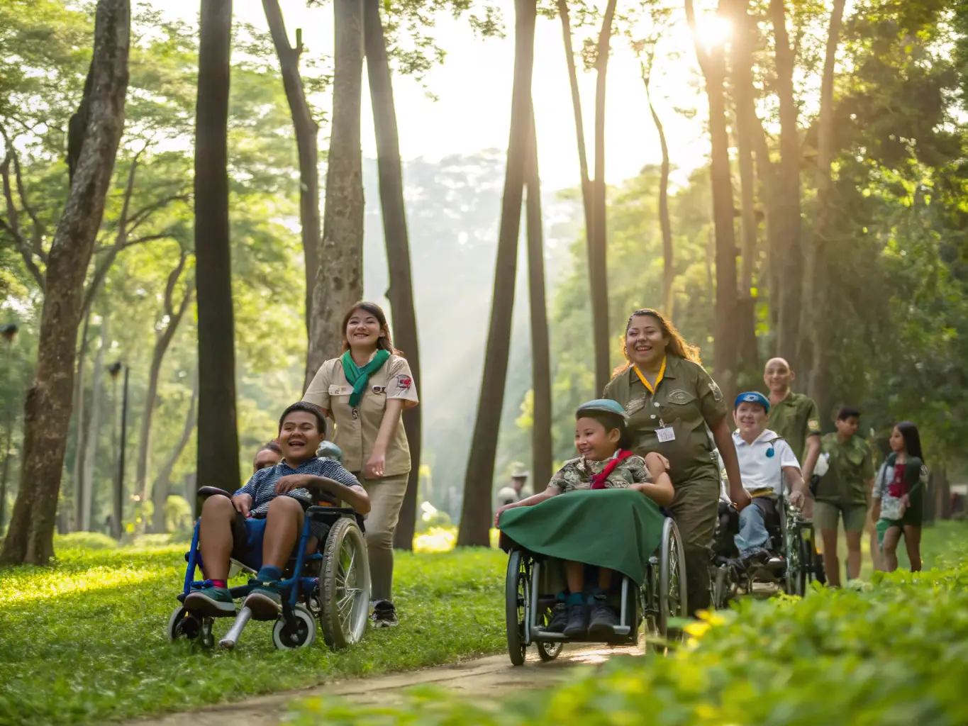 A photograph capturing a group of individuals with disabilities participating in a community outing, such as visiting a local park or attending a cultural event. The image conveys a sense of belonging and social interaction.