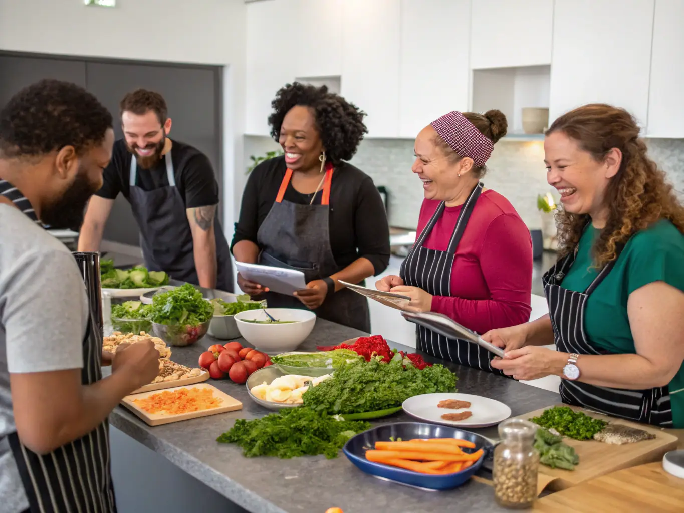 A group of adults with disabilities participating in a cooking class, smiling and engaged, in a brightly lit kitchen setting.