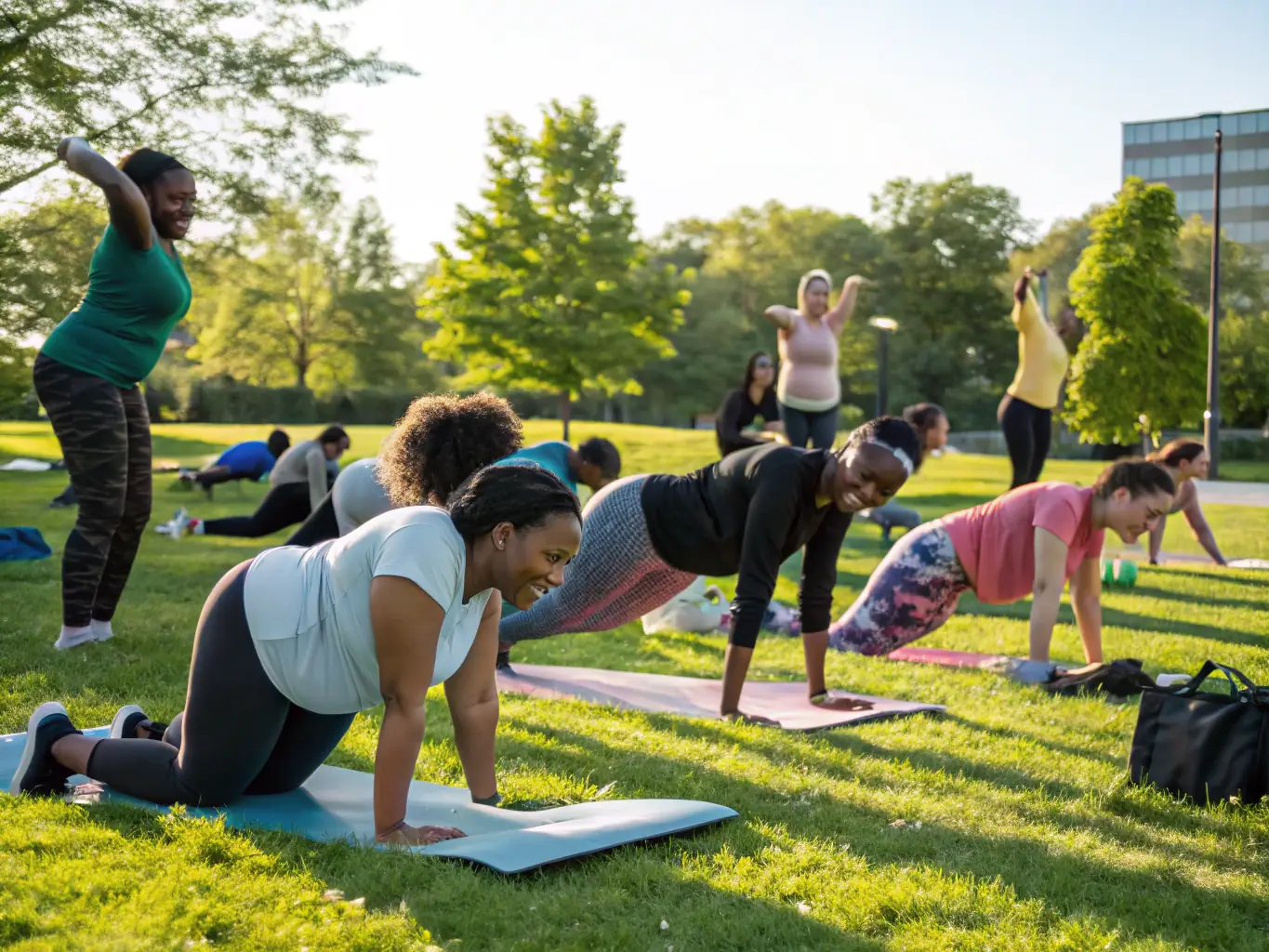 A picture of people with disabilities participating in a group exercise session, led by a trainer, in a supportive and inclusive environment.