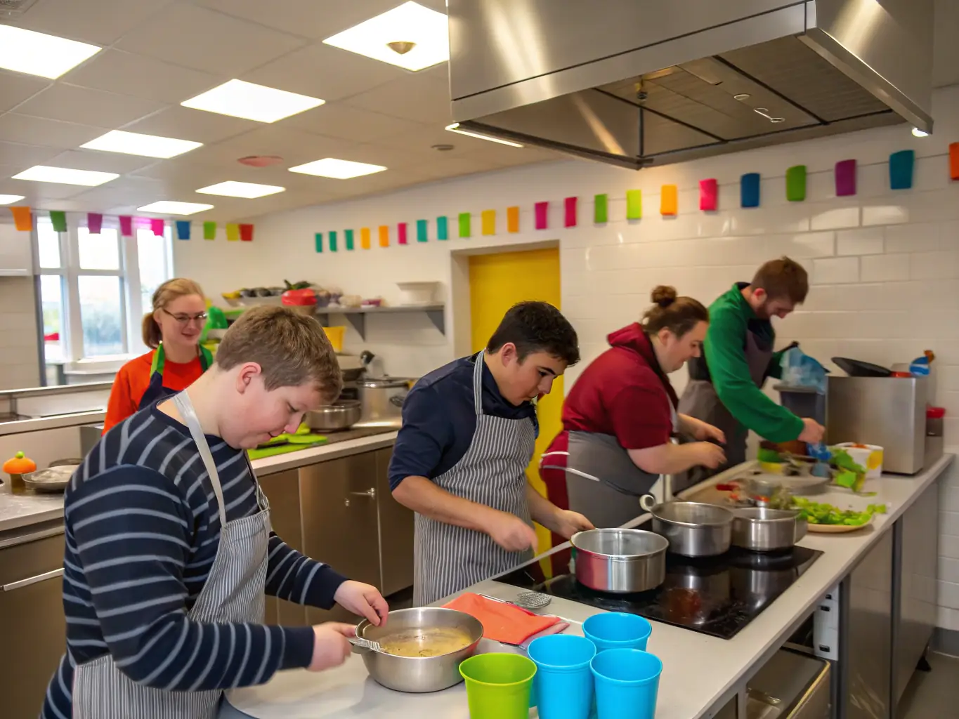 A photograph depicting a group of adults with disabilities participating in a cooking class, smiling and engaged, in a brightly lit kitchen setting. The scene emphasizes inclusivity and skill-building.
