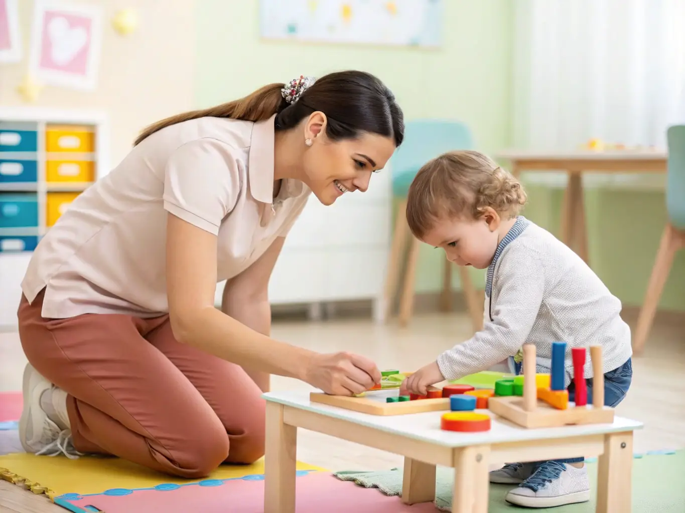 A photograph showing a therapist working one-on-one with a child with a disability, using adaptive equipment in a therapy session. The setting is a supportive and encouraging environment.